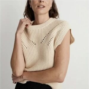 Madewell Mariella Pointelle Sweater Cream Ribbed Chunky Knit Crewneck Sleeveless